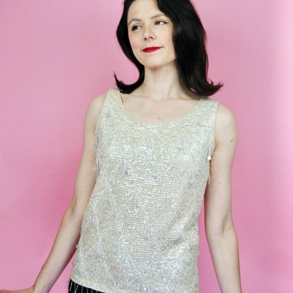 Cream Sequin Embellished Sleeveless Tank Top-1960s - Picture 12 of 13